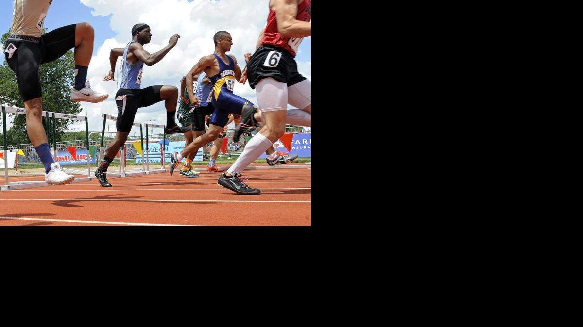 
Liberty North's Andrew Madison (second from right) went on to win this race, the boys 110-meter hurdles during the recent MSHSAA Class 3 Track and Field Championships at Lincoln University's Dwight T. Reed Stadium in Jefferson City. Madison’s winning time was 14.32 seconds.
