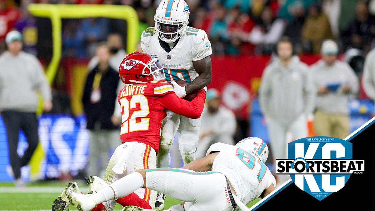 Nov 5, 2023; Frankfurt, Germany, ; Kansas City Chiefs cornerback Trent McDuffie (22) forces a fumble by Miami Dolphins wide receiver Tyreek Hill (10) in the second quarter during an NFL International Series game at Deutsche Bank Park. Mandatory Credit: Nathan Ray Seebeck-USA TODAY Sports