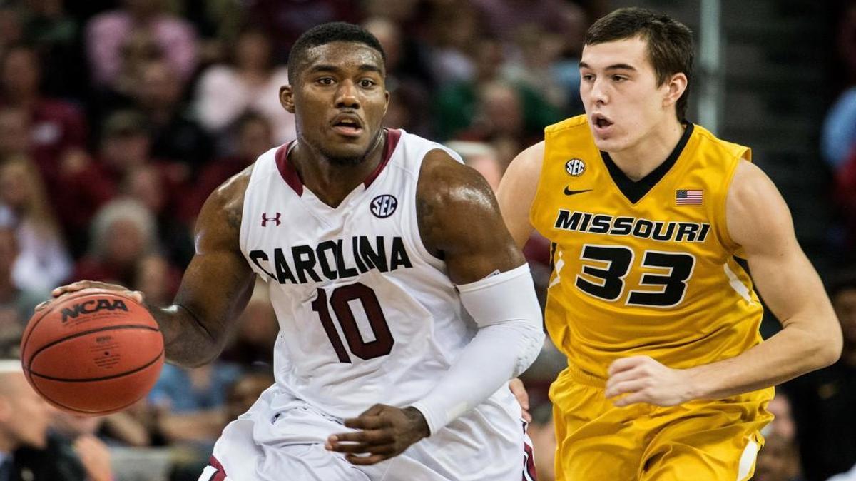 Missouri freshman guard Cullen VanLeer (right) saw some playing time Jan. 16 against Duane Notice and the rest of the South Carolina squad in a game in Columbia, S.C.