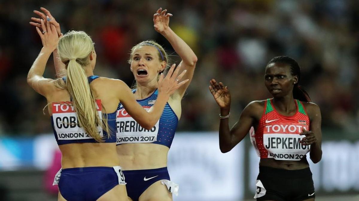 Americans Emma Coburn, left, and Courtney Frerichs celebrate after their 1-2 finish in London.