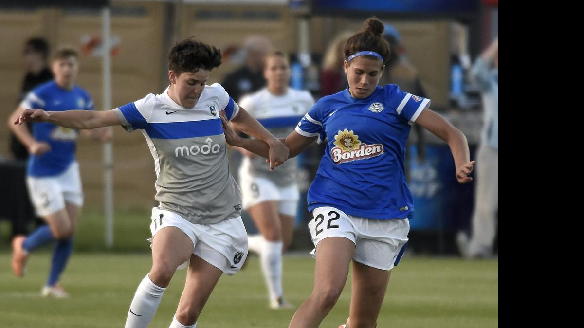 
FC Kansas City forward Sarah Hagen (22) recently celebrated the 10-year anniversary of her cancer being in remission. Last month she was on the field with Seattle Reign FC midfielder Keelin Winters in a match in Kansas City.
