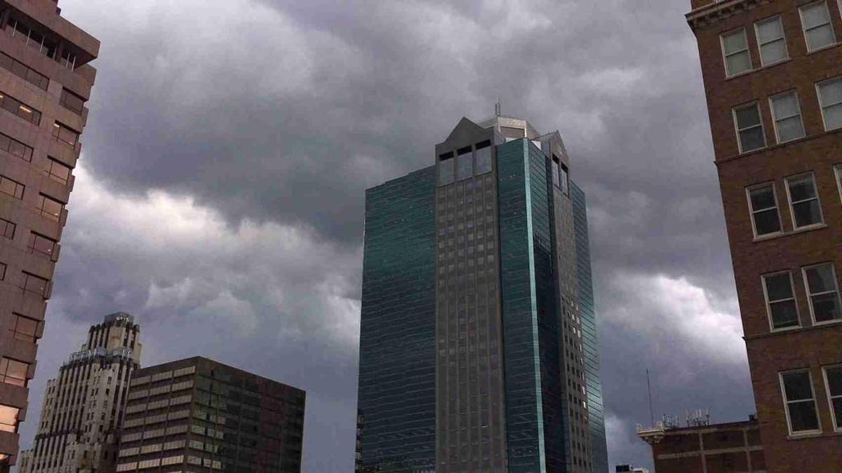 Heavy cloud cover was still passing over downtown about 10:45 a.m.