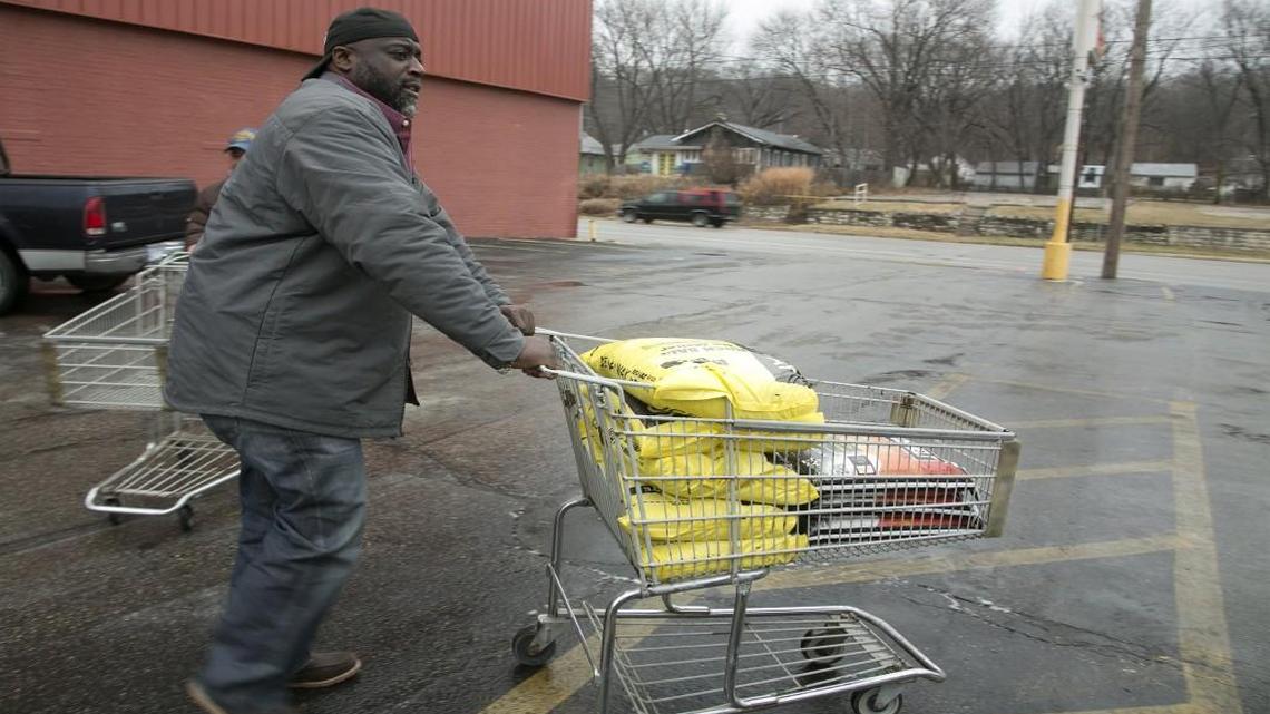With an ice storm in the forecast, Daryl Smith, of Leavenworth, stocked up on rock salt Saturday at Strasser True Value Hardware at 910 Southwest Blvd., Kansas City, Kan.